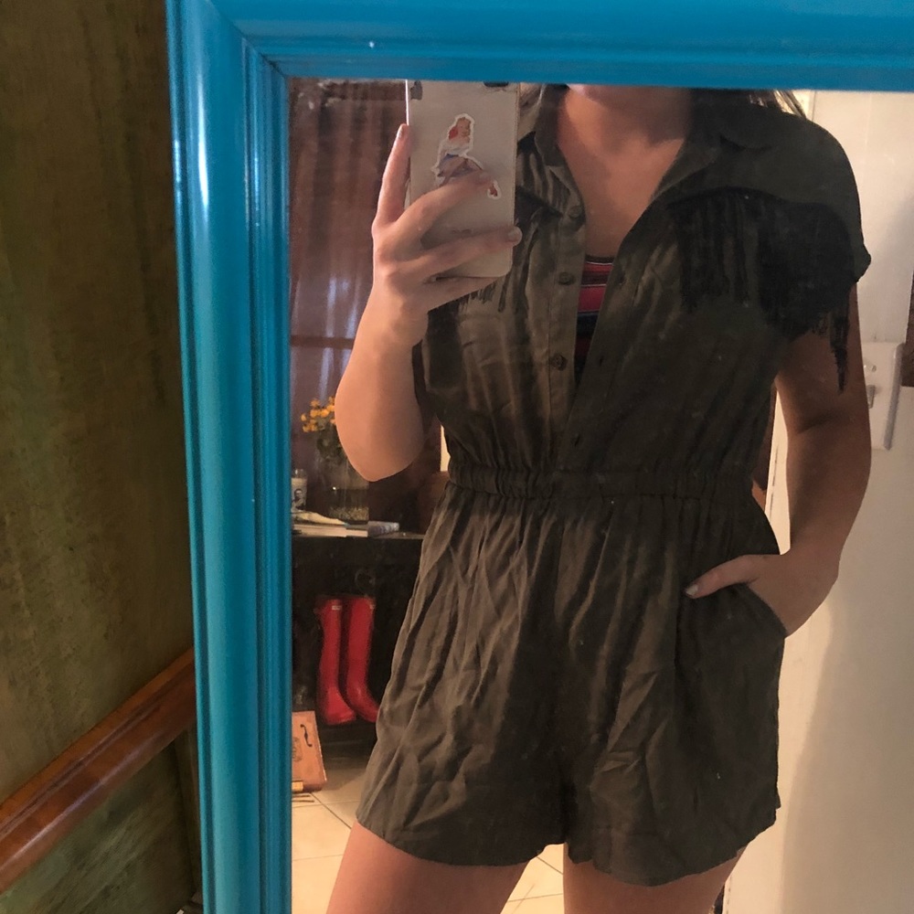 Olive romper with black fringe